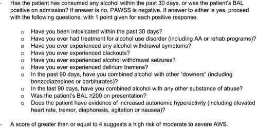 Figure 2 Prediction of Alcohol Withdrawal Severity ScaleNotes: Reproduced with permissin from Oxford University Press. Maldonado Jet al. Prospective Validation of the Prediction of Alcohol Withdrawal Severity Scale (PAWSS) in medically ill inpatients: a new scale for the prediction of complicated alcohol withdrawal syndrome. Alcohol Alcoholism. 2015;50(5):509–518.Citation21Abbreviations: BAL, blood alcohol level; PAWSS, Prediction of Alcohol Withdrawal Severity Scale; AA, Alcoholics Anonymous; AWS, alcohol withdrawal syndrome.