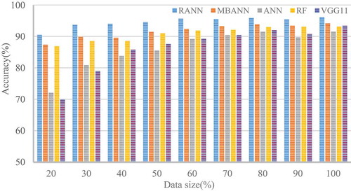 Figure 8. Robustness evaluation concerning the impact of the data size on the classification accuracy of classifiers. RANN = rotation artificial neural network, MBANN = MultiBoost artificial neural network, ANN = artificial neural network, RF = random forests, VGG11 = visual geometry group