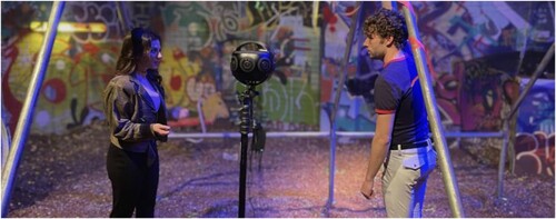 Figure 3. The performers rehearse on stage with the 360-degree camera between them. Capturing an intimate angle of both performers talking ‘through’ the audience.