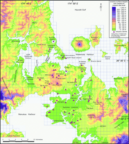Figure 4  Elevation map of current Auckland topography. Green colours are lowest elevations; purple colours are highest elevations. Heights refer to metres above sea level.