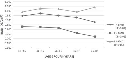 Figure 1 Average bone mineral density (BMD) at the total hip (TH), femoral neck (FN), and lumbar spine (LS) in 10-year age subgroups. P for trend according to the 10-year age subgroups using linear trend test.