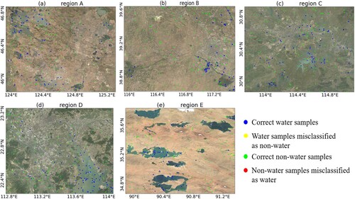 Figure 4. The spatial distribution of the sample points for validation and errors within Regions A–E (2019).