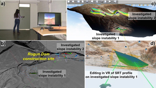 Figure 10. Rogun site in VR. (a) Researcher visiting the site in VR. (b) General semi-transparent surface view showing subsurface profiles. (c) Illuminating collected subsurface data near the Rogun site inside the virtual environment. (d) Visualisation of geophysical (SRT) profile edited (placed at correct location) in VR (modified from Cerfontaine, Mreyen, and Havenith Citation2016).