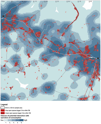 Figure 7. The relation of open spaces to the kernel density of operators of consumption as spatial proxy for the potential of interaction.