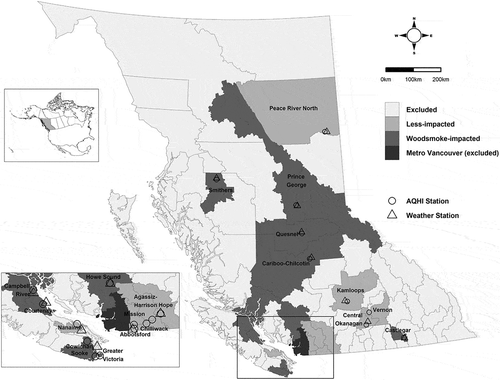 Figure 2. Local Health Area (LHA) boundary map of British Columbia displaying LHAs included in the study and locations of the Air Quality Health Index (AQHI) and weather stations.