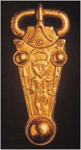 Figure 8. The Anglo-Saxon Finglesham belt (500–700 AD). Borrowing heavily from Scandinavian designs, this belt-buckle depicts a naked Wodan/Odin wearing a horned-helmet, wielding spears in either hand. Another example of the weapon dance on material culture, this piece is suggested to have belonged to a retainer of an Anglo-Saxon lord. This represents another instance where the elite were both connecting themselves and their retinue to images of warrior rituals. Much like the Vendel helmets, this may represent an elite-driven effort to signal both the social importance of a warrior identity and elite leadership of this identity (Viking Archeurope Citation2018)