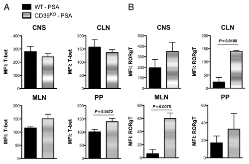 Figure 5. Deficiency of CD39 signaling correlates with elevated Th1/Th17 markers in the CNS and gut mucosal sites during PSA prevention of EAE. Wild-type and CD39KO C57BL/6 mice were treated and induced with sub-optimal EAE as in Figure 4. At the day 18 of disease, total leukocytes were isolated from the CNS, cervical lymph nodes (CLNs), mesenteric lymph nodes (MLNs) and Peyer’s patches and flow cytometry was performed. MFI levels of (A) T-bet (Th1 transcription factor) and (B) RORγt (Th17 transcription factor) within CD4 T cells were quantified for the indicated tissue sites. For both (A) and (B), n = 4 per group. P value was calculated by two-tailed Student’s t test.