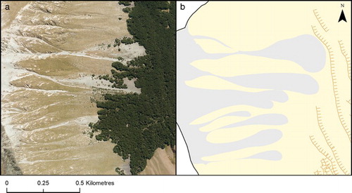 Figure 6. Debris fans disrupting kame terrace sequence. (a) Aerial imagery. (b) Mapped features.