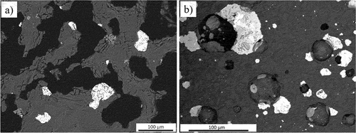 Figure 12. PGM concentrates fired at 1300°C (a) UG–2 concentrate (b) Platreef concentrate.