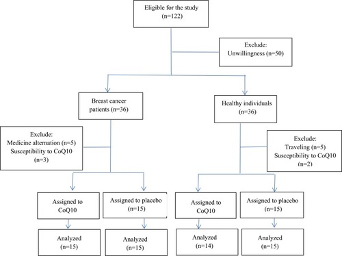 Figure 1 Subject’s flowchart. One hundred twenty-two subjects were included in the study. After the exclusion of 63 subjects due to unwillingness, travelling, medication alteration, and susceptibility to CoQ10, 30 breast cancer patients and 29 healthy persons remained and randomized to four groups. Fifteen breast cancer patients and 14 healthy subjects took the CoQ10 supplement and 15 breast cancer patients and 15 healthy subjects took the placebo. Serum samples were sent to the laboratory for evaluation of inflammatory factors before and 8 weeks after the intervention.