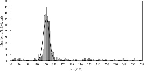 Figure 2. Length–frequency distribution of largemouth bass collected from the farm pond in 2008. The mode of the dominant size class was obtained by Bhattacharya’s (Citation1967) method.