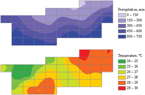 Fig. 5 Map showing distribution of mean annual precipitation (MAP) and mean annual temperature (MAT) across the study region (see Fig. 1 for location of study region in Sudan).