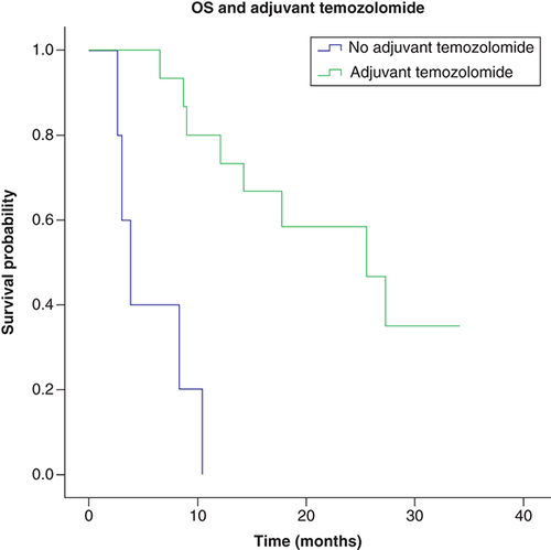 Figure 5. Overall survival and adjuvant temozolomide.Median overall survival depending on treatment with adjuvant temozolomide was 6.936 months for no adjuvant temozolomide or 17.42 months for adjuvant temozolomide (p ≤ 0.001). n = 6, only radiotherapy; n = 15, adjuvant temozolomide.OS: Overall survival.