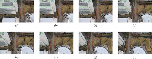 Figure 6. Oblique UAS imagery for spatial processing and 3D reconstruction given by the identifications of (a) 1; (b) 2; (c) 3; (d) 4; (e) 5; (f) 6; (g) 7; (h) 8