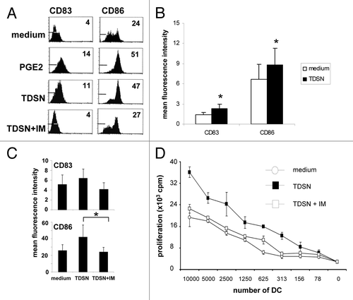 Figure 2. Primary colon tumor derived supernatants (TDSN) promote maturation of monocyte-derived DC (MoDC) in a prostaglandin-dependent manner. (A–C) 48 h maturation induction of 7-d immature DC, generated with GM-CSF and IL-4, by either 10 μM PGE2 or 30% (v/v) TDSN, revealed TDSN-induced maturation comparable with PGE2 induced maturation, as determined by flowcytometric analysis of CD83 and CD86 levels (Fig. 2B, n = 11), which was entirely abrogated by the use of Indomethacin (IM)-modulated TDSN (Fig. 2C, n = 4). Expression levels of the studied (maturation) markers are listed as Mean Fluorescence Intensities (MFI). (D) Mixed Leukocyte Reactions were performed with MoDC, either unmodulated or matured by the indicated TDSN conditions. Data shown are representative or averages (± sd) of 3–11 separate experiments, *P < 0.05.