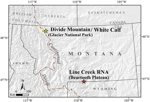 FIGURE 1. Study areas: Divide Mountain and White Calf Mountain on the Blackfeet Reservation and Glacier National Park, and Line Creek Research Natural Area in the Custer National Forest on the Beartooth Plateau in Montana. Map modified from Smith-McKenna et al. (Citation2013). White Calf is adjacent to and 2.5 km south of Divide Mountain.