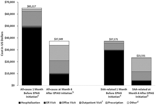 Figure 4. Monthly all-cause and SAA-related costs at 1 month before EPAG initiation and at month 6 following EPAG initiation. Abbreviations. SAA, severe aplastic anemia; ER, emergency room. aBaseline: 1 month before EPAG initiation. bFollow-up: month 6 after EPAG initiation. cOutpatient visits were hospital setting or ambulatory surgical center, a skilled nursing facility, a residential substance abuse center, a comprehensive outpatient rehabilitation center, an end-stage-renal disease center or an outpatient Not Elsewhere Classified center. dOther costs are expenses related to school, homeless shelters, assisted living facilities, group homes, mobile units, temporary lodging, health clinics, places of employment, military treatment facilities, custodial care facilities, adult living facilities, Federal qualified health centers, community mental health centers, intermediate care facilities, physical residential treatment centers, non-residential substance abuse centers, mass immunization centers, State or local public health centers, rural health clinics, independent laboratories, and other miscellaneous costs.