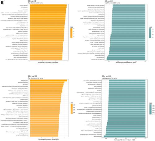 Figure 2 Crohn's disease. (A) Hierarchical clustering of differentially regulated genes. (B) Volcano plot comparing inflamed (CDi) and non-inflamed (CDni) samples in CD. (C) Volcano plot of inflamed biopsies from CD (CDi) compared to healthy controls. (D) Volcano plot of non-inflamed biopsies from CD (CDni) compared to healthy controls. (E) Gene set enrichment analyses given as Normalised Enrichment Scores (NES) in CDi (top panel) and CDni (bottom panel) versus healthy controls. “Orange” represents overrepresented GO terms, with positive NES. “Green” represents underrepresented GO terms, with negative NES.