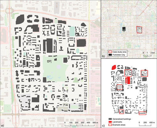 Figure 14. a) Buildings in the area around the temple of the sun, Beijing. b) Location of the case study area in the east of the Forbidden City (in black). c) Locations of the five example areas and the two landmarks with an area above 15,000 m2 (the Ministry of Foreign Affairs of the People’s Republic of China in the north-western corner and the Ritan International Trade Center in the center of the map). Map data and basemap tiles: © OpenStreetMap, under ODbL.