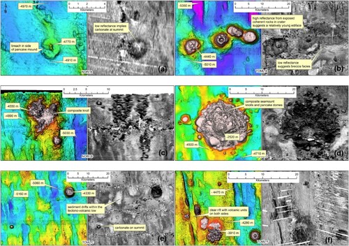 Figure 6. Example knolls and seamount on MBES. (a) Carbonate capped ‘pancake’ mound, sheet 1; (b) low backscatter reflectance knolls, sheet 2; (c) composite knolls, sheet 2; (d) coherent-lava seamount, sheet 4; (e) knolls aligned along a depression, sheet 3; (f) knoll split across an abyssal ‘valley’.