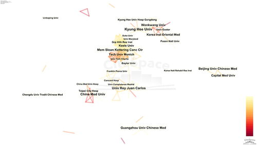 Figure 5 Network map of co-authorship between institutions about acupuncture treatment for shoulder pain.