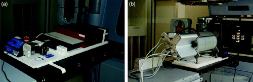 Figure 1.  The motion platform placed on the treatment couch with a) the seven29 2D-array on top, in between buildup of solid water and b) the Delta4 cylindrical phantom on top. The reflexive marker box with 6 reflectors is seen a) at the foreground corner of the moving part of the motion platform and b) on top of the Delta4.