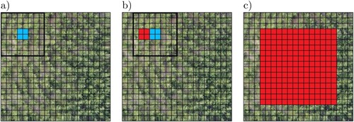 Figure 9. Each square has 32×32 pixels. (a) Thick square: First subimage given to neural network, and output with centroid in blue the section considered. (b) Thick square: Second subimage given to neural network, in blue the section considered. In red the section considered in the last step (c) In red all the area that was considered in the end of the process.
