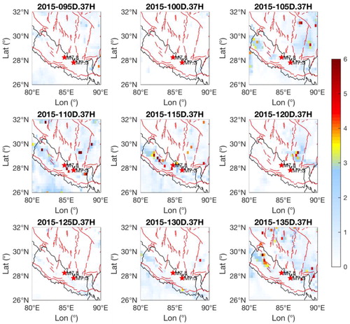 Figure 2. Spatial distribution of IMRA at 37 GHz horizontal polarizations during 91–135 Julian days of 2015.Red lines show fault lines, which are taken from the HimaTibetMap database (Styron et al., Citation2011).