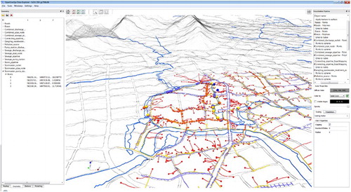 Figure 8. Pre-processing of data sets. Depicted is the OGS Data Explorer interface while integrating the drainage pipeline system in Chaohu city into the existing scene. The terrain surface mesh is semi-transparent visible in the background for reference as well as the road- (grey) and river network (blue). Fifteen data sets related to the drainage system have been loaded, mapped and assigned colours according to their function (e.g. violet data represents storm pipeline infrastructure, yellow signifies sewage infrastructure, etc.).