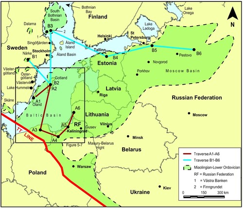 Figure 1. Geographic view of the Baltic, Åland, South Bothnian and the Moscow Basins. The extent of the Miaolingian-Lower Ordovician is shown by the green colour. The Finngrundet-1 and Västra Banken-1 cores in the South Bothnian Basin area are marked by (1) and (2), respectively (Thorslund & Axberg Citation1979). The lithological sections for traverses A1–A6 and B1–B6 are shown in Figs. 2 and 3. TT on the map marks the Teisseyre-Tornquist Line. Revised from Petrov & Kirikov (Citation2006).