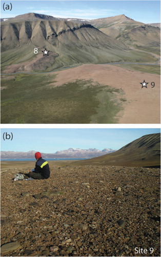 Fig. 5 Gåseelv. (a) The moraine in the Gåseelv Valley looking towards the north. Site 8 is situated at the northern and site 9 at the southern segment of the moraine. The valley in the upper right corner is the Nathorst Valley. (b) Site 9, the surface where sample GE-1 was collected. The view is towards the east with the Hurry Fjord and Liverpool Land in the background.