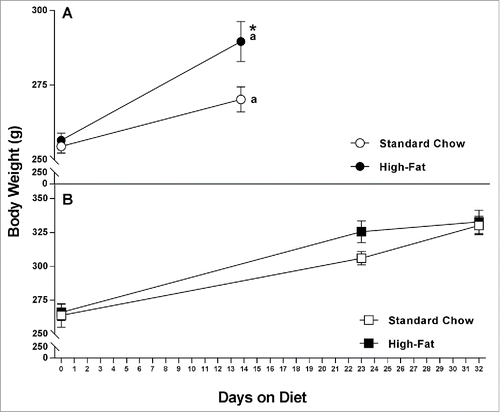 Figure 1. (A) Mean body weight (±SEM, g) of nulliparous (NULL) rats fed either a standard chow or HF diet for 13–14 days. *Significantly different from the standard chow group. aSignificantly different from the day 0 of the diet (p < .05); (B) Mean body weight (±SEM, g) of reproductive experience (RE) rats fed either a standard chow or HF diet on gestation day 1 (day 0 of the diet s), lactation day 1 (day 23 of the diet) and day of euthanasia (day 32 of the diet). There was a significant main effect of time (see text).