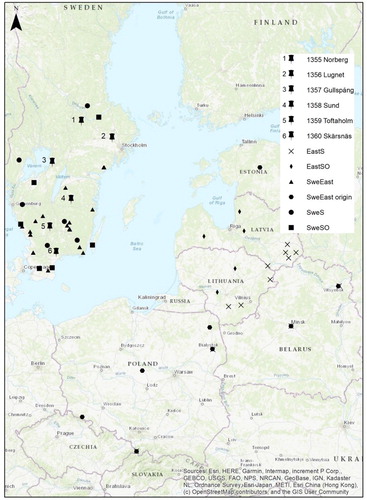 Figure 1. Trial locations used in this study (1–6), the five different groups (EastS, EastSO, SweEast, SweS and SweSO) and the origin of the SweEast stand seeds (SweEast origin).