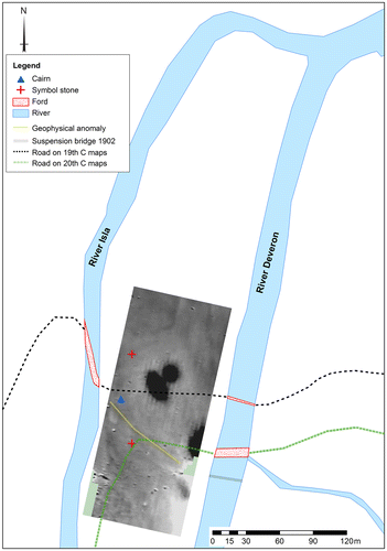 Fig 17 Location of Tillytarmont with symbol stones and cairn marked. Fords and routeways crossing the haughland, as represented on 19th- and 20th-century maps, are also shown. The location of the two symbol stones is based on good locational information. The other three stones were found on the haughland, but these cannot be accurately located. A geophysical plot carried out by Oskar Sveinbjarnarson for the Northern Picts project is also superimposed on the image to show geophysical anomalies that coincide with the routes across the haughland. Image by Oskar Sveinbjarnarson. Base map © Crown Copyright/database right 2015. An Ordnance Survey/EDINA supplied service.