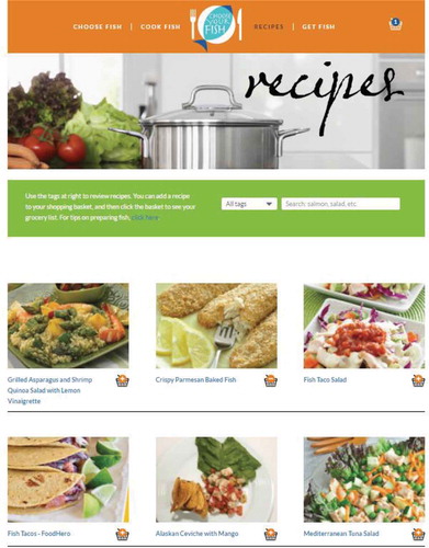 Figure 2. Layout of the ChooseYourFish.org recipe page, with a design and format similar to Pinterest. Photos are included in the website with permission from ChopChop; Food Hero, Oregon State University Extension Service; Spend Smart Eat Smart, Iowa State University Extension and Outreach; and What’s Cooking? USDA Mixing Bowl