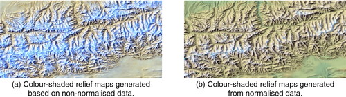 Figure 2. Comparison of colour-shaded relief maps generated based on non-normalised and normalised data.
