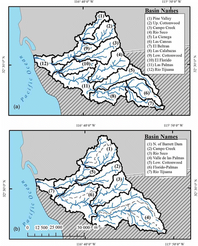 Fig. 5 (a) Sub-basins for original watershed delineation and (b) grouped sub-basins.