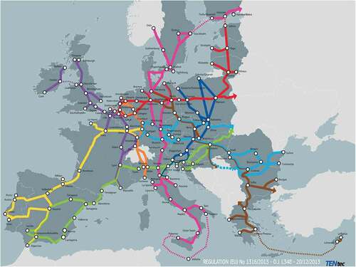 Figure 4. TEN-T core network corridors. Atlantic, Baltic–Adriatic, Mediterranean, North Sea–Baltic, North Sea–Mediterranean, Orient–East Mediterranean, Rhine–Alpine, Rhine–Danube, Scandinavian–Mediterranean. Source: European Commission.