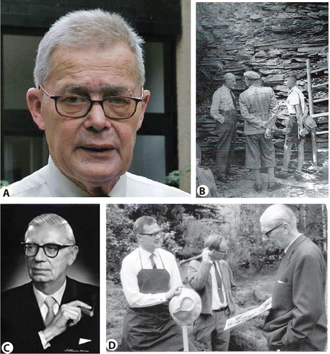 Figure 1. A. Adolf “Dolf” Seilacher (February 24, 1925–April 26, 2014), B. A young Dolf Seilacher in the field with Bernard Hauff and Walter Häntzschel (middle) (photograph courtesy of Edith Seilacher). C. Otto Heinrich Schindewolf (June 7, 1896–June 10, 1971), Dolf's supervisor at the University of Tübingen. D. Dolf and Frank Westphal (the vertebrate paleontologist at Tübingen) with Otto Schindewolf planting a gingko tree on the occasion of Schindewolf's 68th birthday (photograph courtesy of Edith Seilacher).