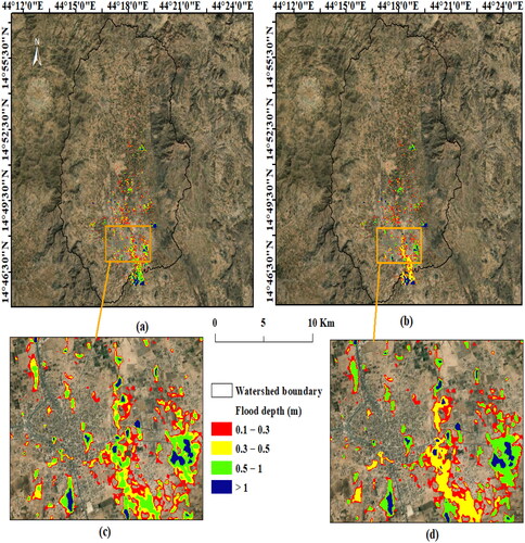 Figure 14. Flood risk map for the entire watershed (a) without the effect of earth fissures and (b) with the impact of earth fissures; (c) and (d) the same for Mabar City.