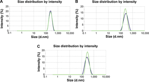 Figure S2 DLS diameters of SP-Mos2 nanosheets.Notes: DLS diameters of SP-MoS2 nanosheets in (A) water, (B) saline, and (C) RPMI-1640 medium before (blue) and after (green) 2 days.Abbreviations: DLS, dynamic light scattering; SP-MoS2, soybean phospholipid-encapsulated MoS2; RPMI-1640, Roswell Park Memorial Institute-1640.