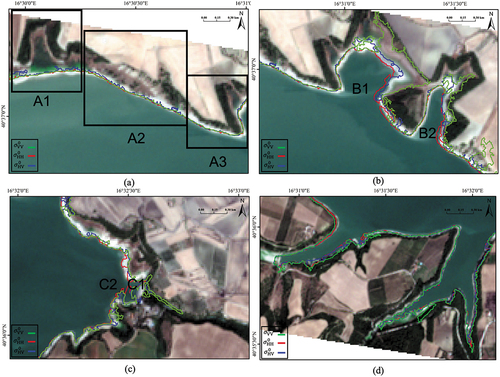 Figure 12. Enlarged version of the ROIs highlighted in Figure 11, where the extracted waterlines are superimposed as green (VV), red (HH) and blue (HV) lines. Panels (a) - (d) refer to ‘ROI 1’ - ‘ROI 4’, respectively.