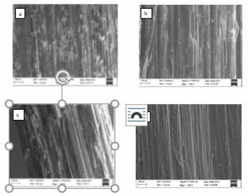 Figure 2. SEM images of (a) Untreated fibers (b) NaOH treated fibers (c) NaOH+ KMnO4 treated fibers (d) NaOH+ Phosphoric acid-treated fibers