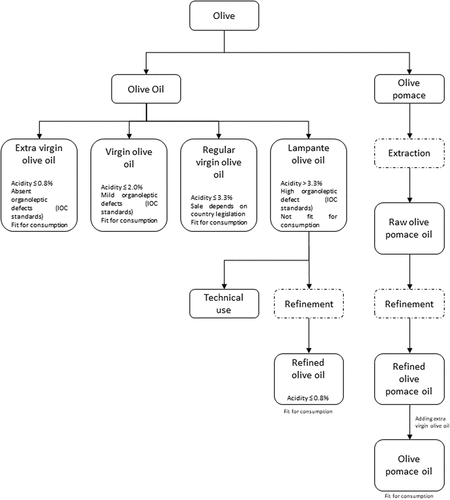 Figure 1. Flowchart of products and by-products, and their classifications, from olive extraction.