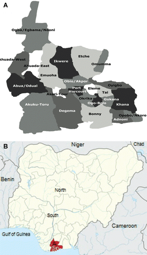 Figure 1.  (A) Map of Rivers State showing the Local Government Areas surveyed. Map of Nigeria. (B) (shaded portion): Rivers State.
