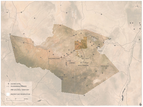 Figure 9. Danika Cooper, A:shiwi Sacred Sites (2022) after Ronald Stauber and Troy Lucio, Map 18: “Traditional Zuni Religious Use Areas,” in Ferguson and Hart, A Zuni Atlas (1990).