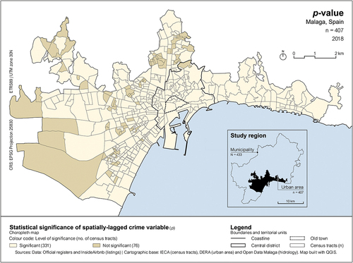 Figure 10. Local p-values of the spatially-lagged crime variable.