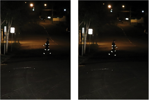 Figure 4. Images of a pedestrian wearing retro-reflective strips in the biomotion configuration enabling recognition of the direction of walking in a leftwards (left) and rightwards direction (right).