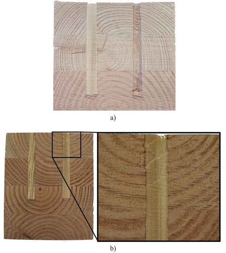 Figure 9. Experimental investigation, (a) specimen with failure of the adhesive bond (4-dowel configuration), (b) specimen with good adhesive bond and compression wrinkle in the densified wood dowel (6-dowel configuration)