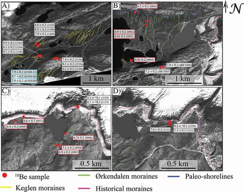 Figure 3. WorldView-2 satellite imagery showing the sample locations and ages (in ka). Sample name in parentheses with prefix “LL” removed. (A) Keglen moraines and boulder and bedrock samples atop Mount Keglen. 10Be samples from Winsor et al. (Citation2015) are outlined in blue. (B) Boulders on bedrock from the ridge on the south side of Moraine valley (JBC1006, JBC1007). Samples outlined in red are from Levy et al. (Citation2012). (C) Boulders on the historical moraine (LL1137, LL1139) as well as previously dated samples of Levy et al. (Citation2012) outlined in red. (D) Samples on the historical drift (LL1130, LL1131) and just distal to the historical trimline (LL1133)